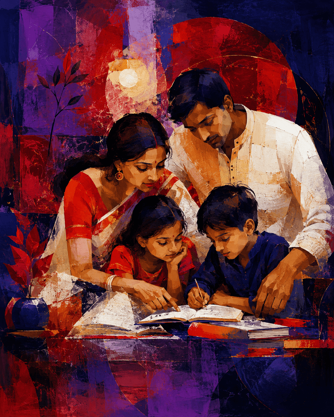 A painting of a mother and father leaning over an open book with their small daughter and son, the four of them reading the same page together under a warm lamp.
