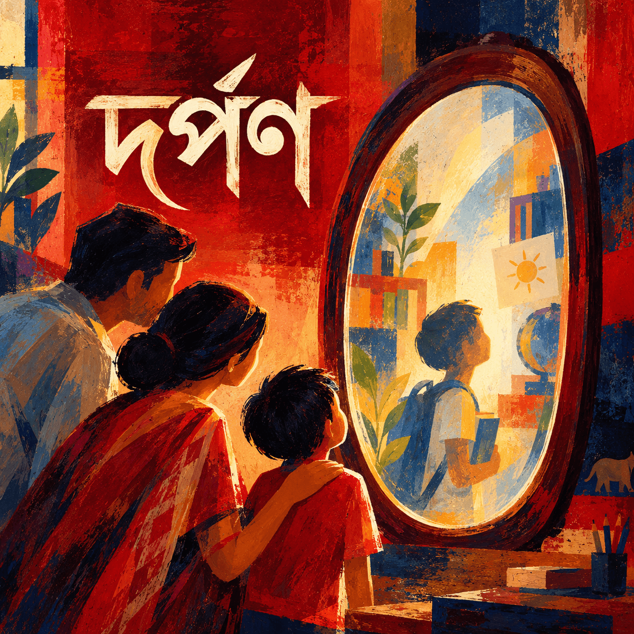 The দর্পণ poster: a mother and father lean in beside their small son as he looks up into a tall oval mirror, and the child reflected back is older — a satchel on his shoulder, a crayon sun and a shelf of books behind him. The title is painted above them in cream Bengali letters on red.